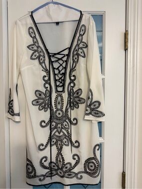 bebe White Dress with Black Embroidered Lace-Up Front